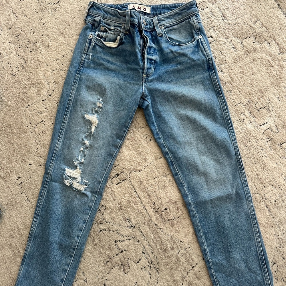 AMO Women's Straight Leg Distressed Blue Jeans